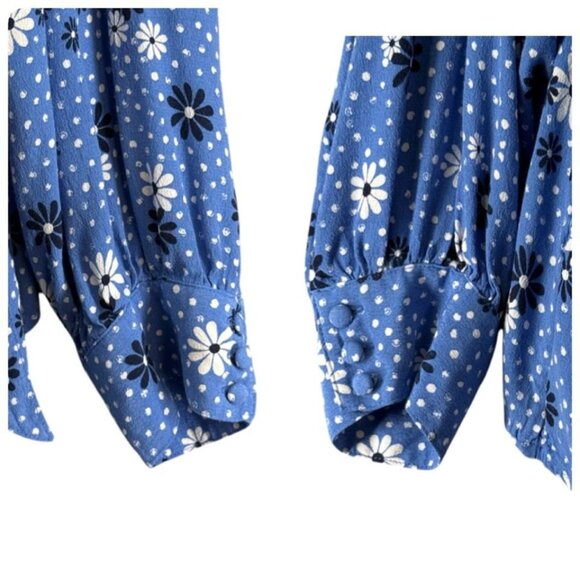 Talbots Plus 1X Blue White Floral Daisey Faux Wrap V Neck Blouse Cottage Boho - Picture 8 of 10